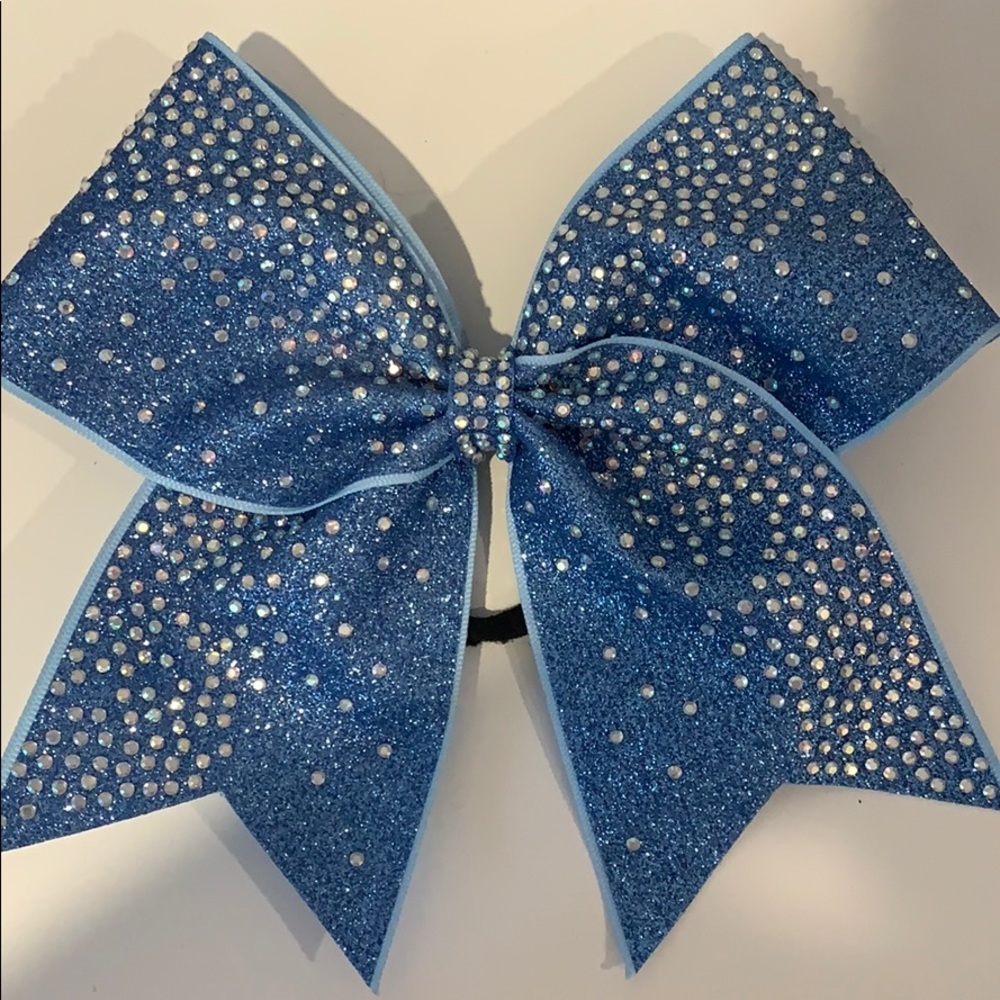 light blue cheer bow with rhinestones